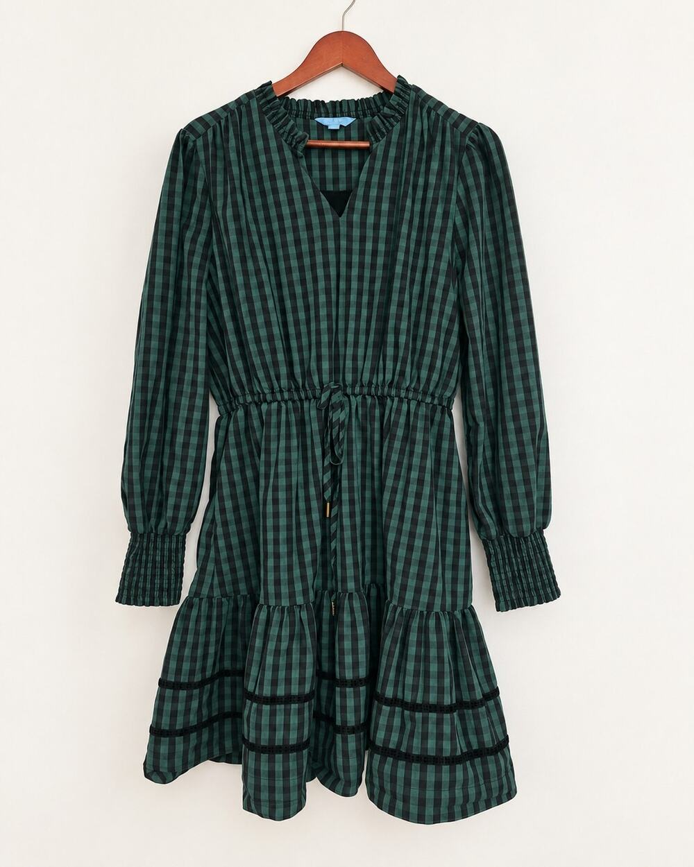 Draper James Womens L Green Black Gingham Ruffle Tiered Dress Cottagecore Preppy